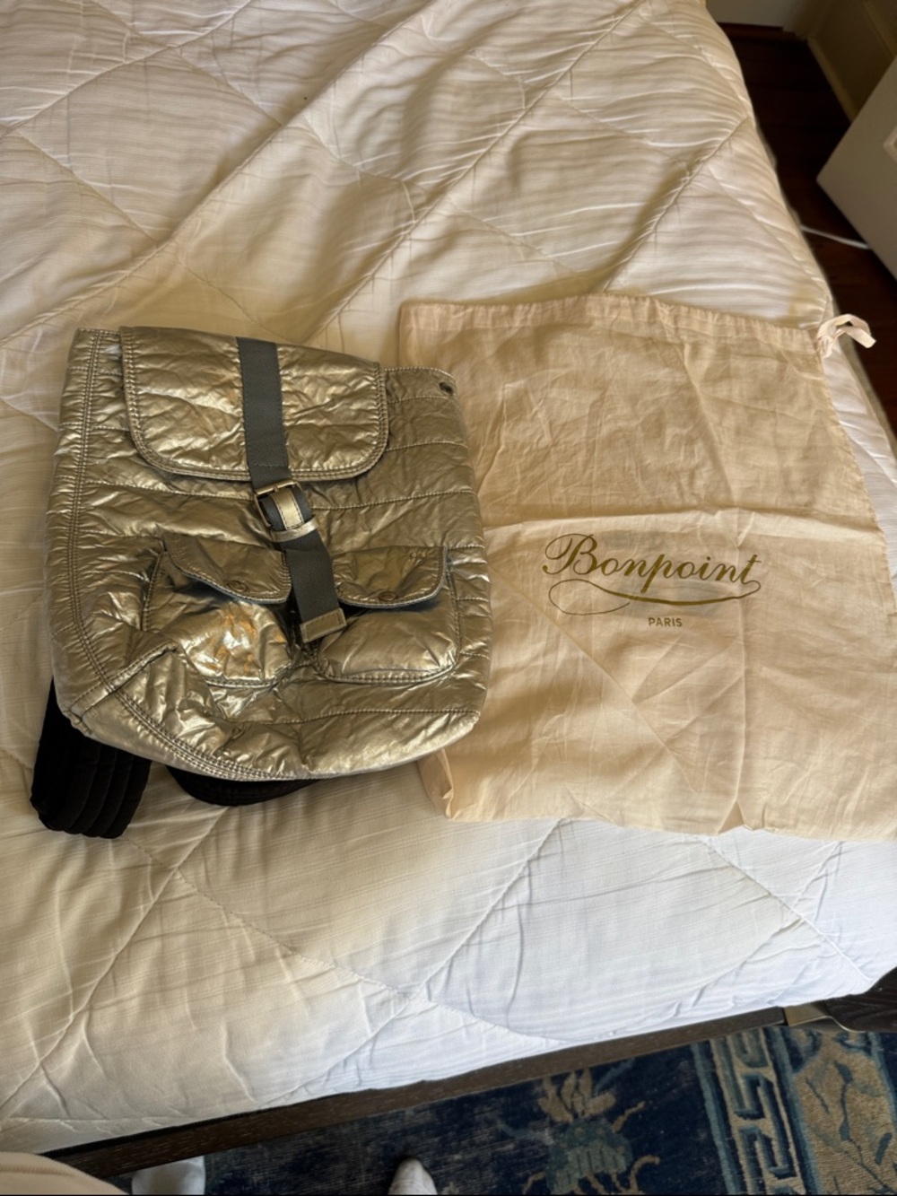 Bonpoint Metallic Quilted Backpack in Silver with Black Straps